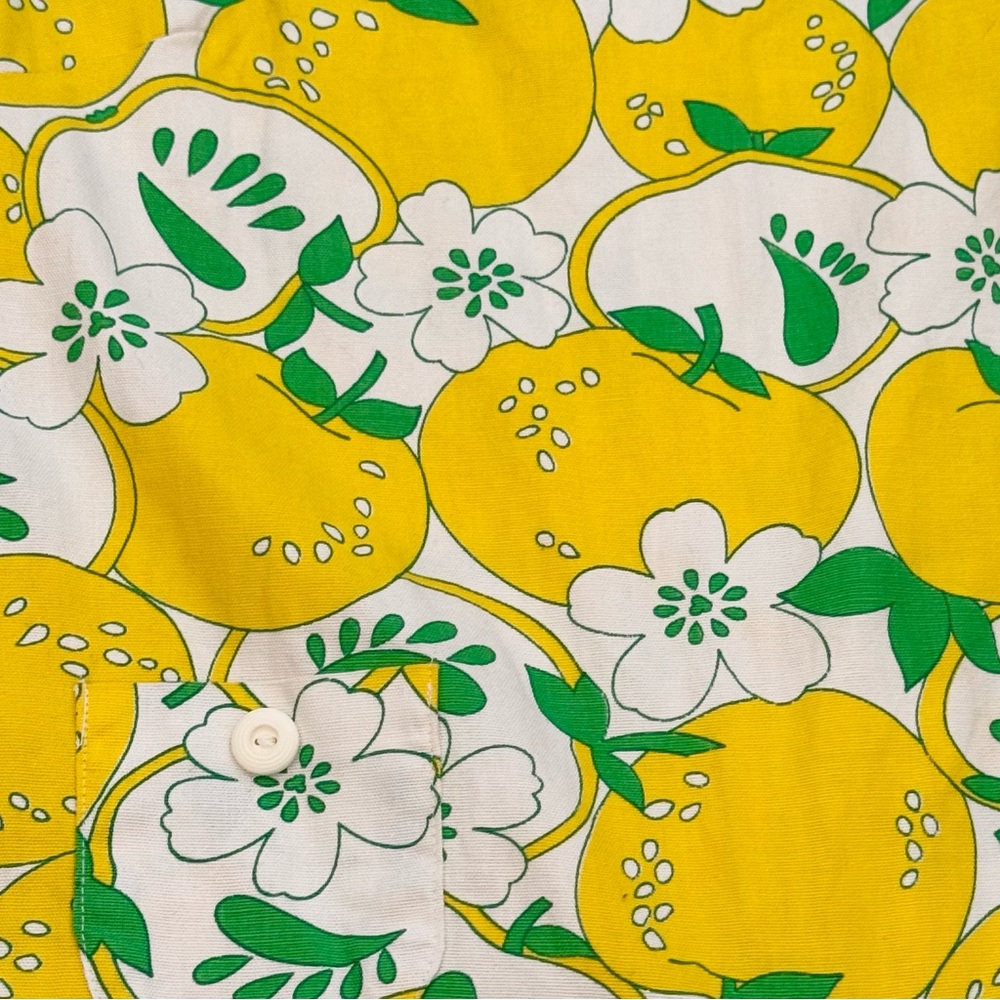 Vintage Playsuit Cotton Yellow Apple Fruit Print MCM 60s Mini Dress Romper L - Picture 8 of 9